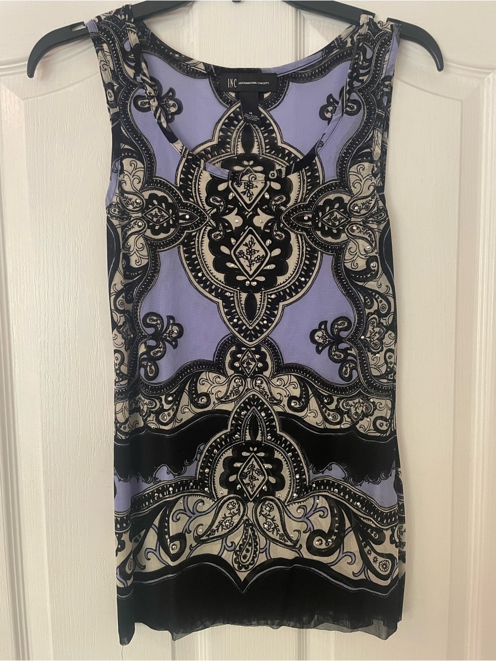INC International Concepts Lilac & Black Printed Sleeveless Top Sequins Medium